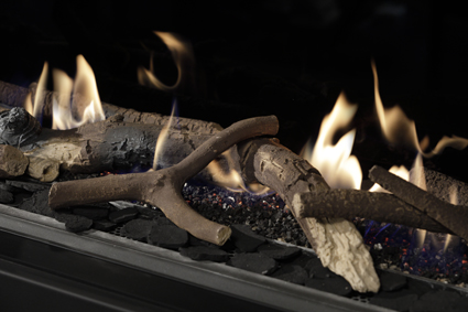 foto burner bed glass wood logs brown