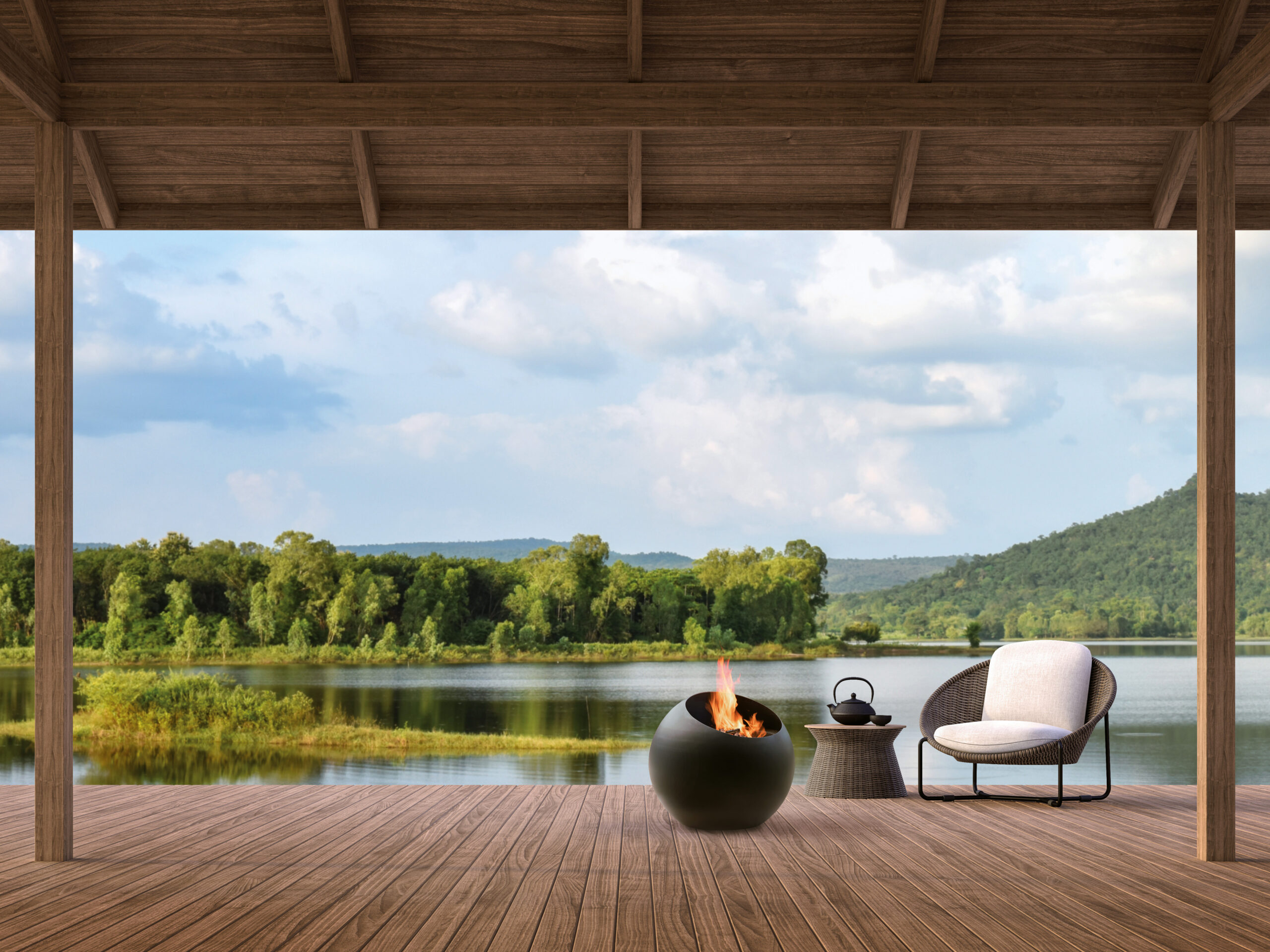 wood terrace with beautiful lake and mountain view 3d render,the